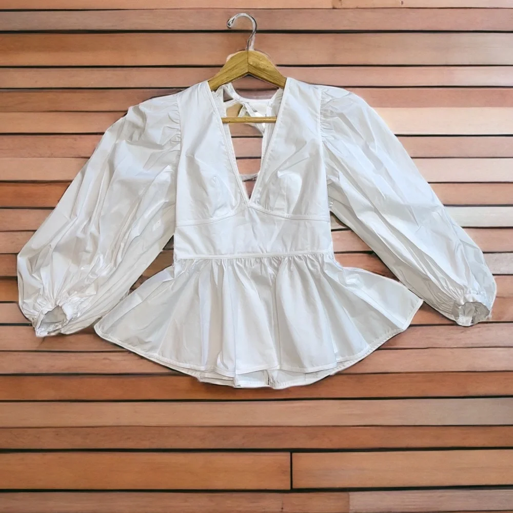 STAUD White V-Neck Peplum Puff Sleeve Blouse